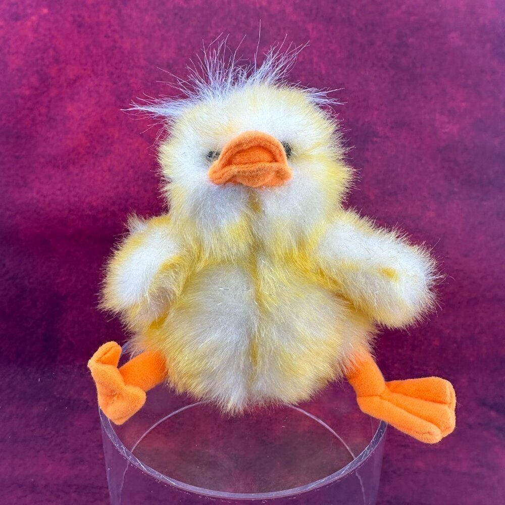 JSTUFF STUFFY SWEET SITTING YELLOW DUCK CHICK FLUFFY HAIR PLUSH TOY RARE 6" TALL